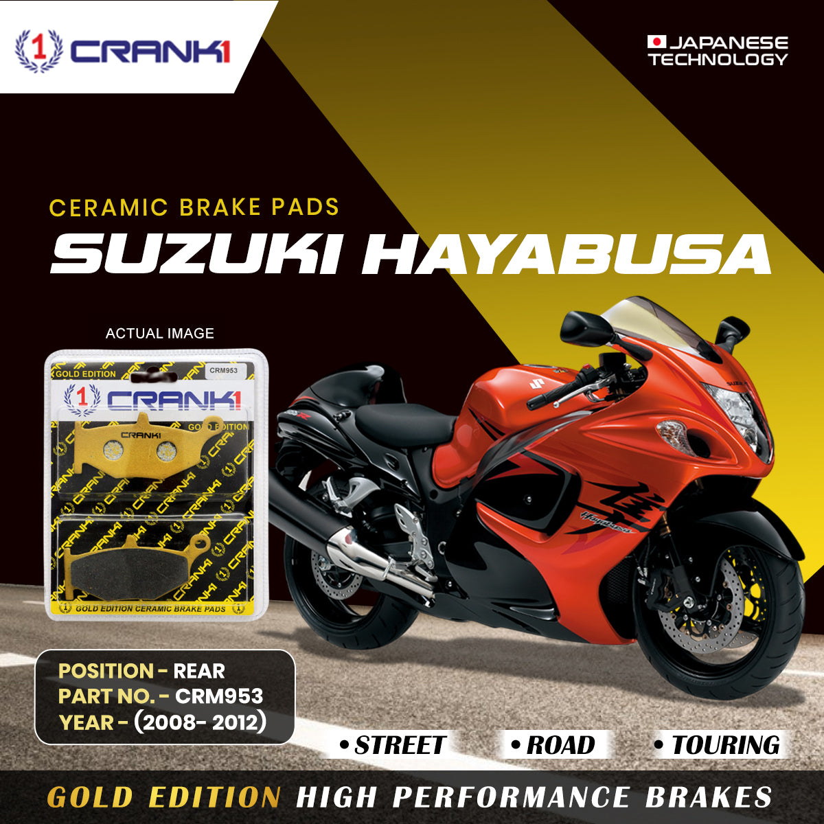 CRANK1 Ceramic Rear Brake Pads CRM953 for Suzuki Hayabusa (2008-2012) HH Rated Motorcycle Brake Pads