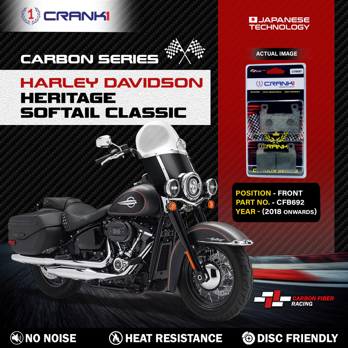 CRANK1 Carbon Front Brake Pads CFB692 for Harley Heritage Softail Classic 2018+