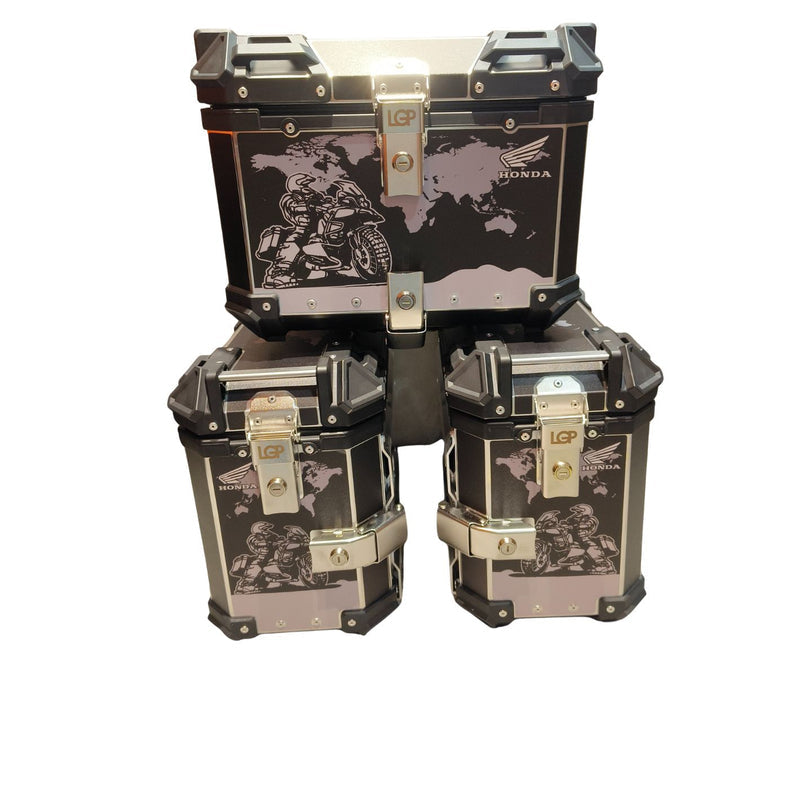 Honda aluminium pannier set 121L mounted on adventure bike