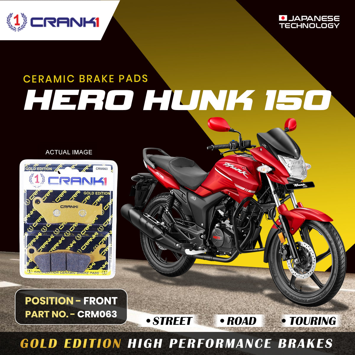 CRANK1 Ceramic Front Brake Pads CRM063 for Hero Hunk 150CC HH Rated Disc Brake Pads