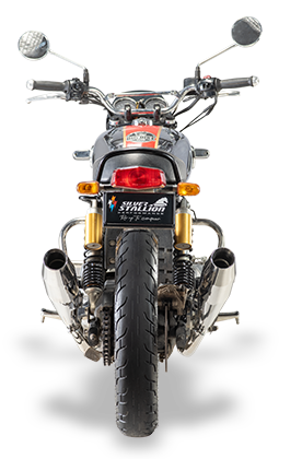 Silver Stallion performance exhaust installed on Royal Enfield Interceptor 650 available in silver black matte and brushed finish