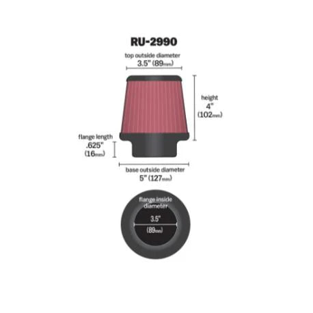 K&N RU-2990 tapered universal high flow air filter close up