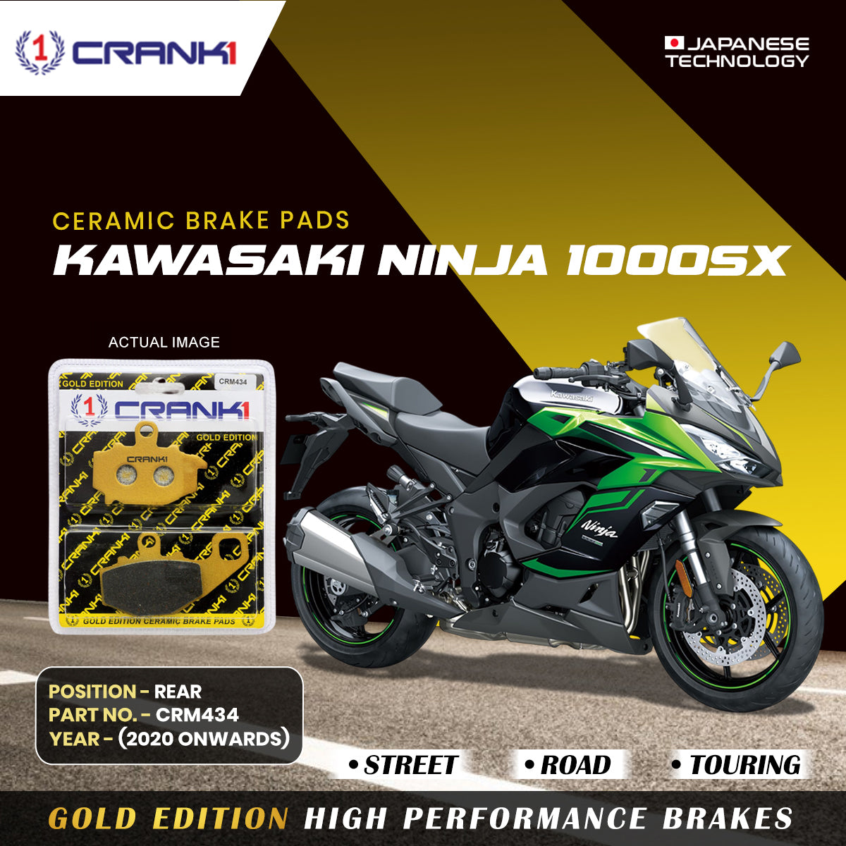 CRANK1 Ceramic Rear Brake Pads CRM434 for Kawasaki Ninja 1000SX (2020 Onwards) HH Rated Disc Brake Pads