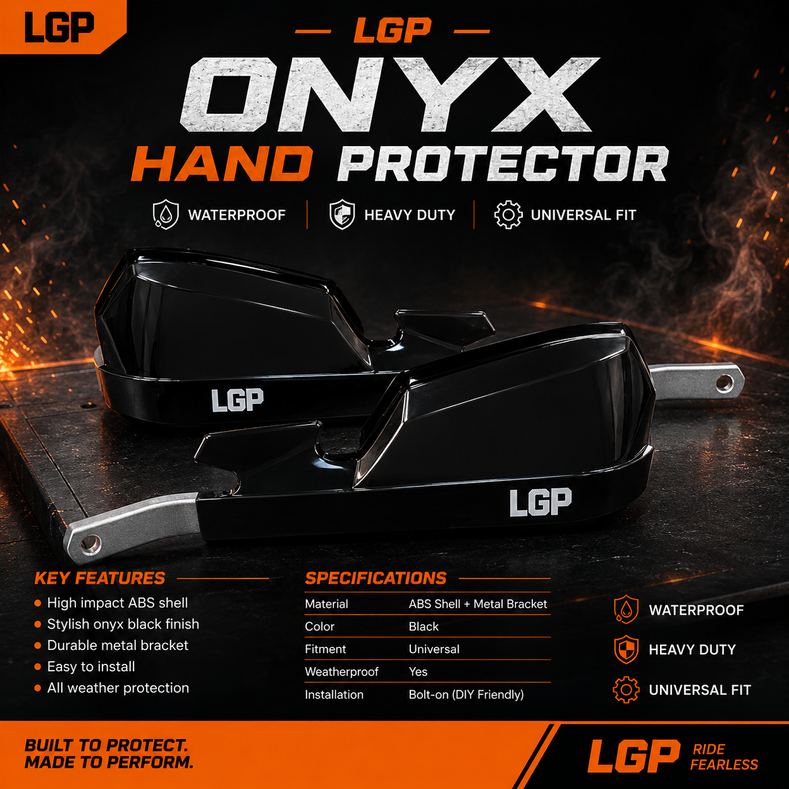 LGP Onyx universal motorcycle hand guards with aluminium mounts black and white installed on handlebars