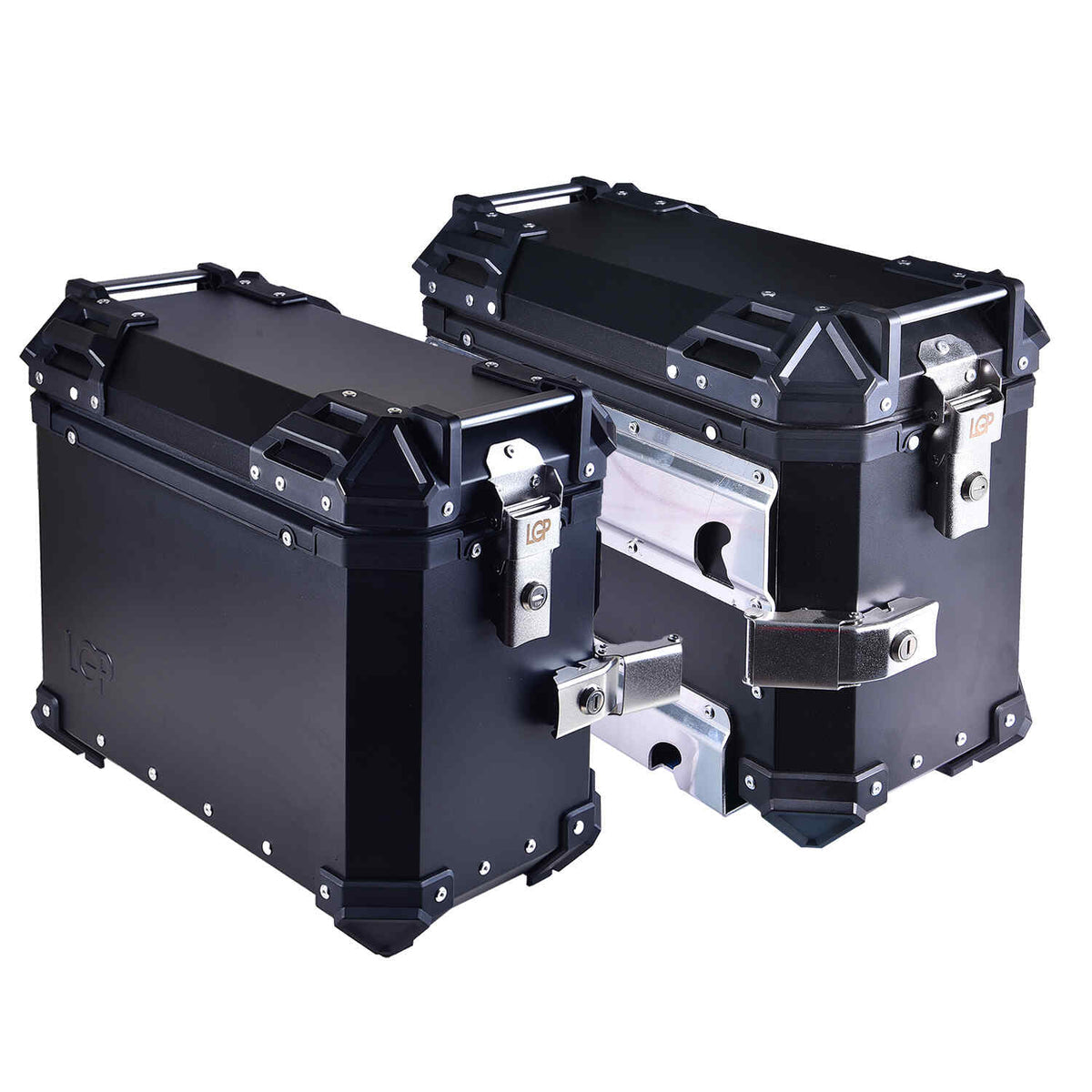 LGP 38L aluminium motorcycle pannier box set black mounted on adventure bike
