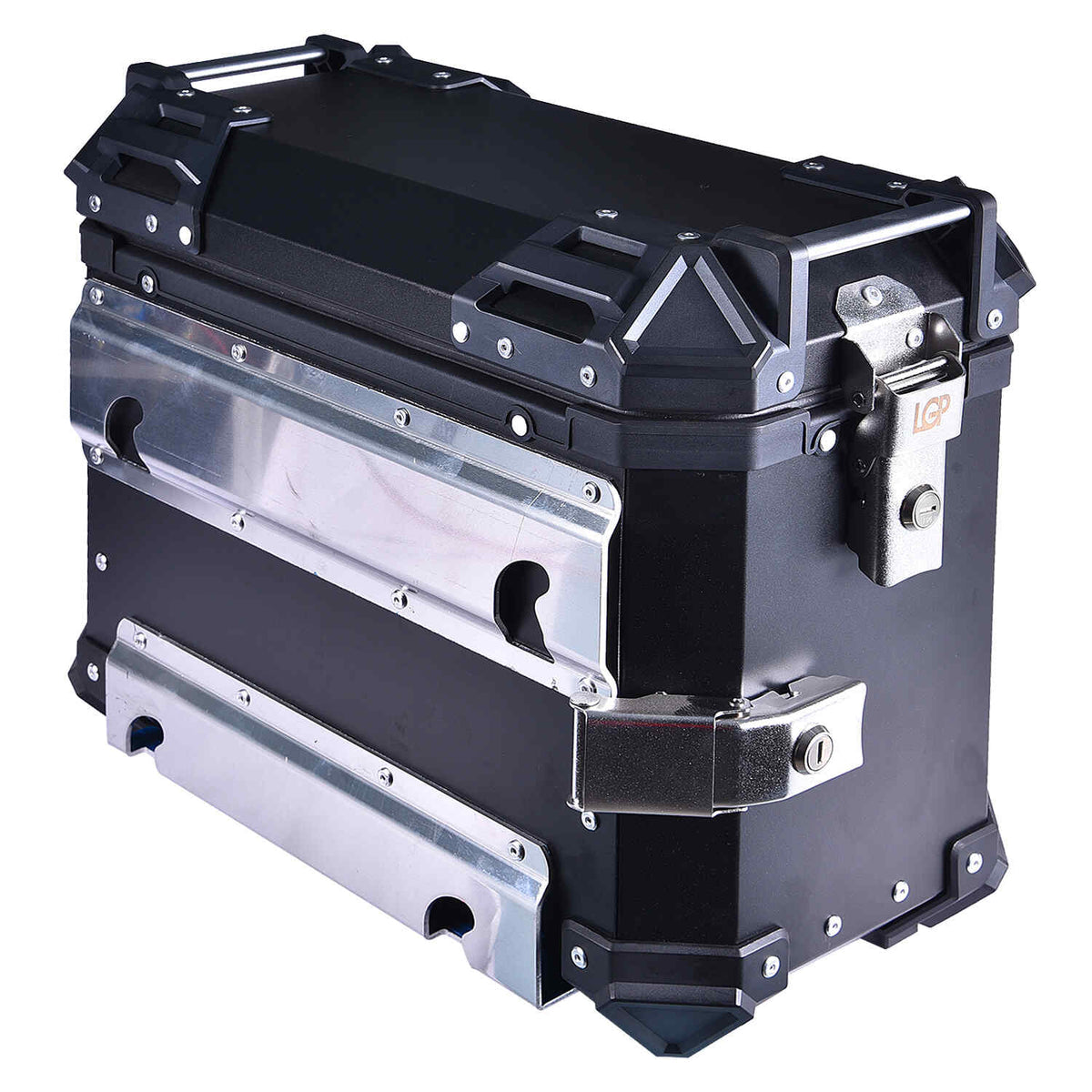 LGP 38L aluminium motorcycle pannier box set black mounted on adventure bike