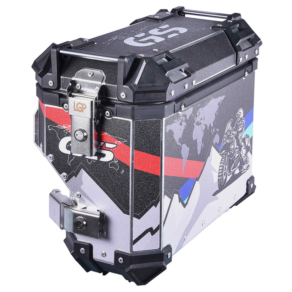 LGP 38L silencer cut aluminium motorcycle pannier box mounted on adventure bike