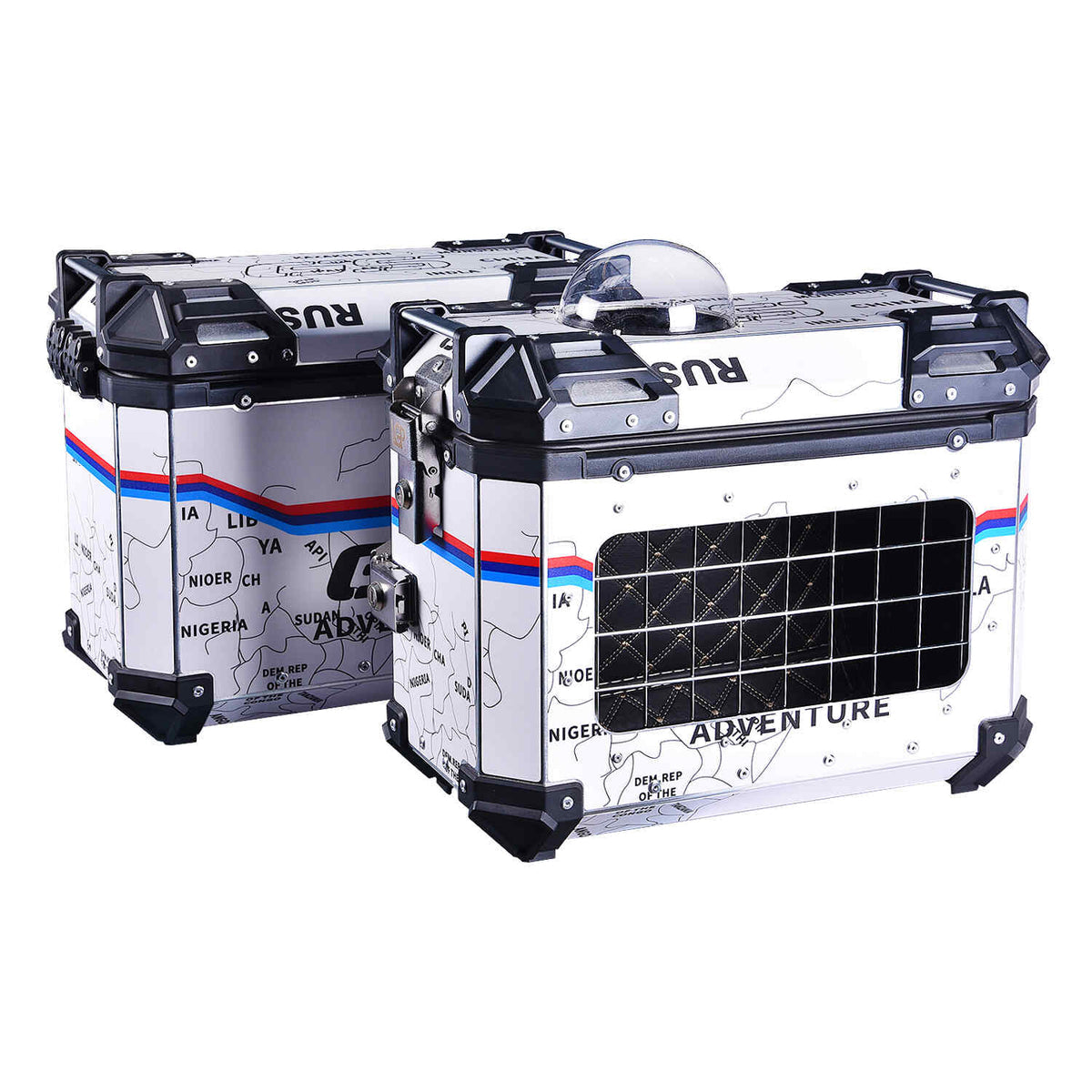 LGP 38L white map line motorcycle pannier box for pet mounted on touring bike
