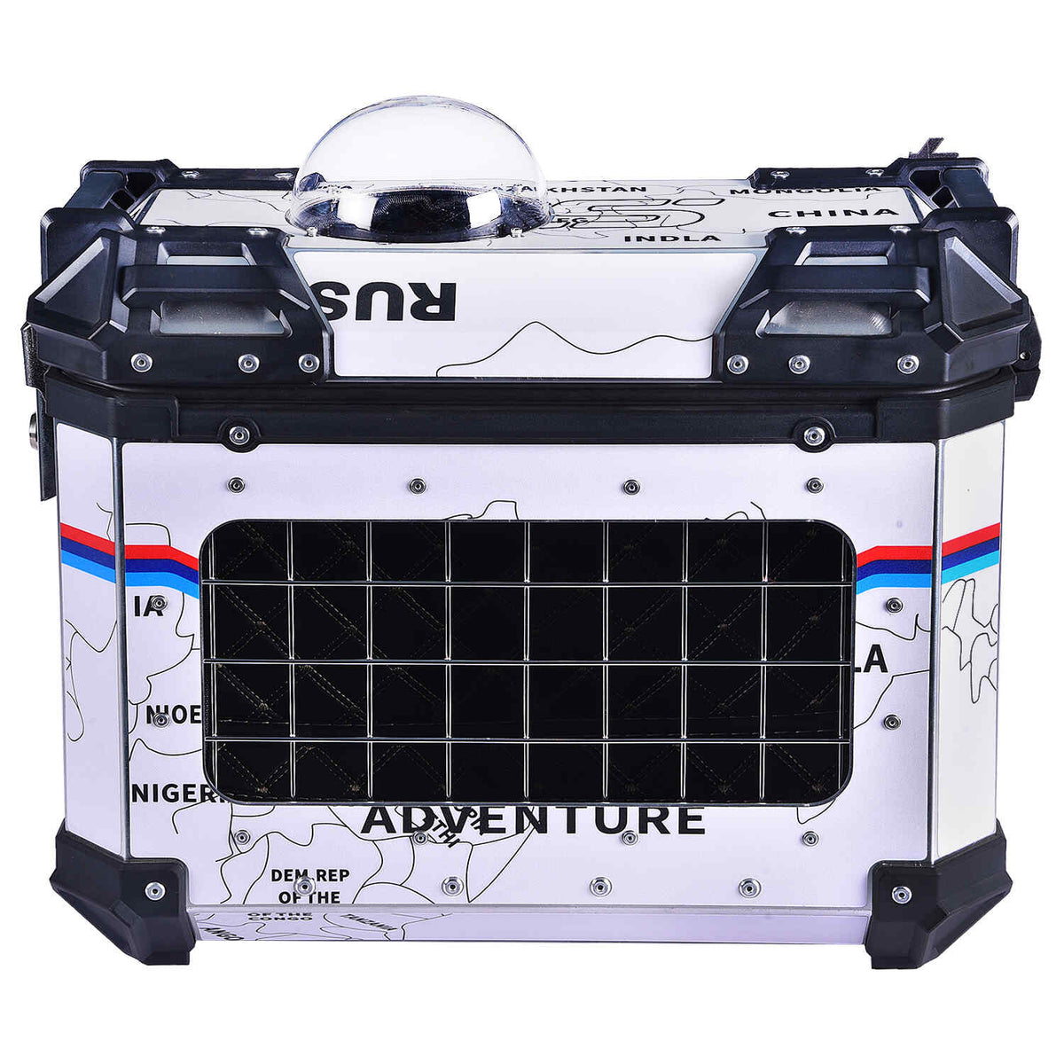 LGP 38L white map line motorcycle pannier box for pet mounted on touring bike
