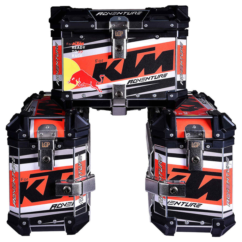 LGP KTM Adventure Pro pannier set with 45L top box and 38L side boxes mounted on adventure bike