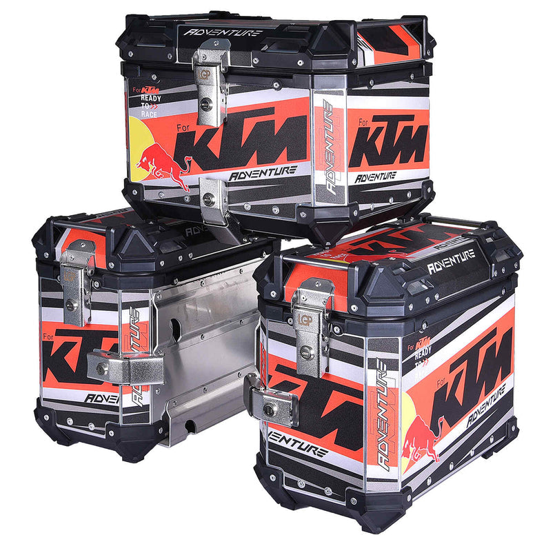 LGP KTM Adventure Pro pannier set with 45L top box and 38L side boxes mounted on adventure bike