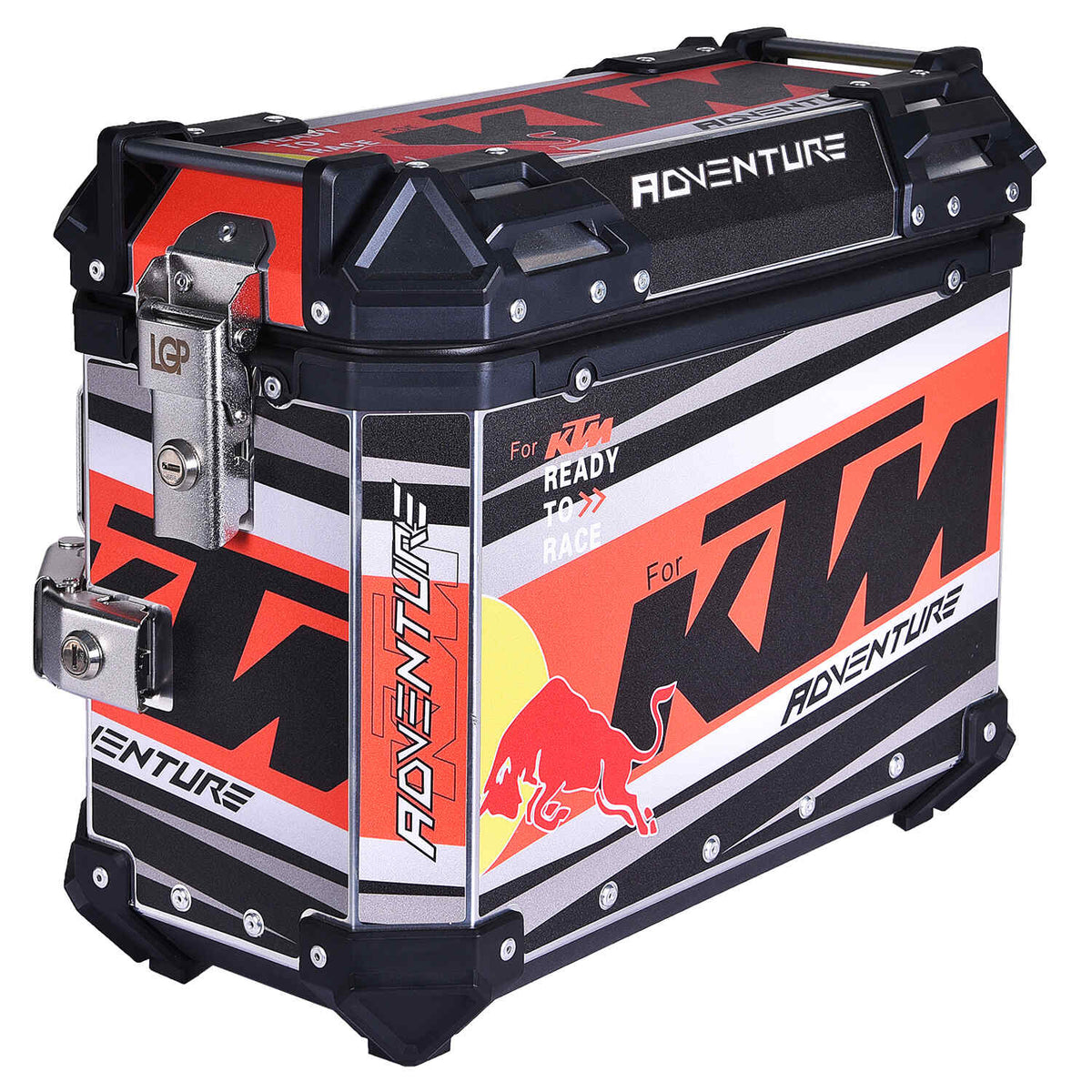 LGP KTM Adventure Pro pannier set with 45L top box and 38L side boxes mounted on adventure bike
