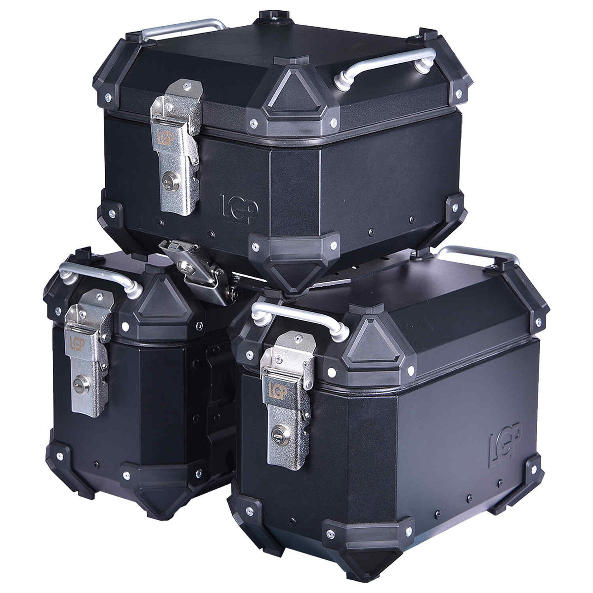 LGP aluminium motorcycle pannier set black plane with 16L side boxes and 18L top box