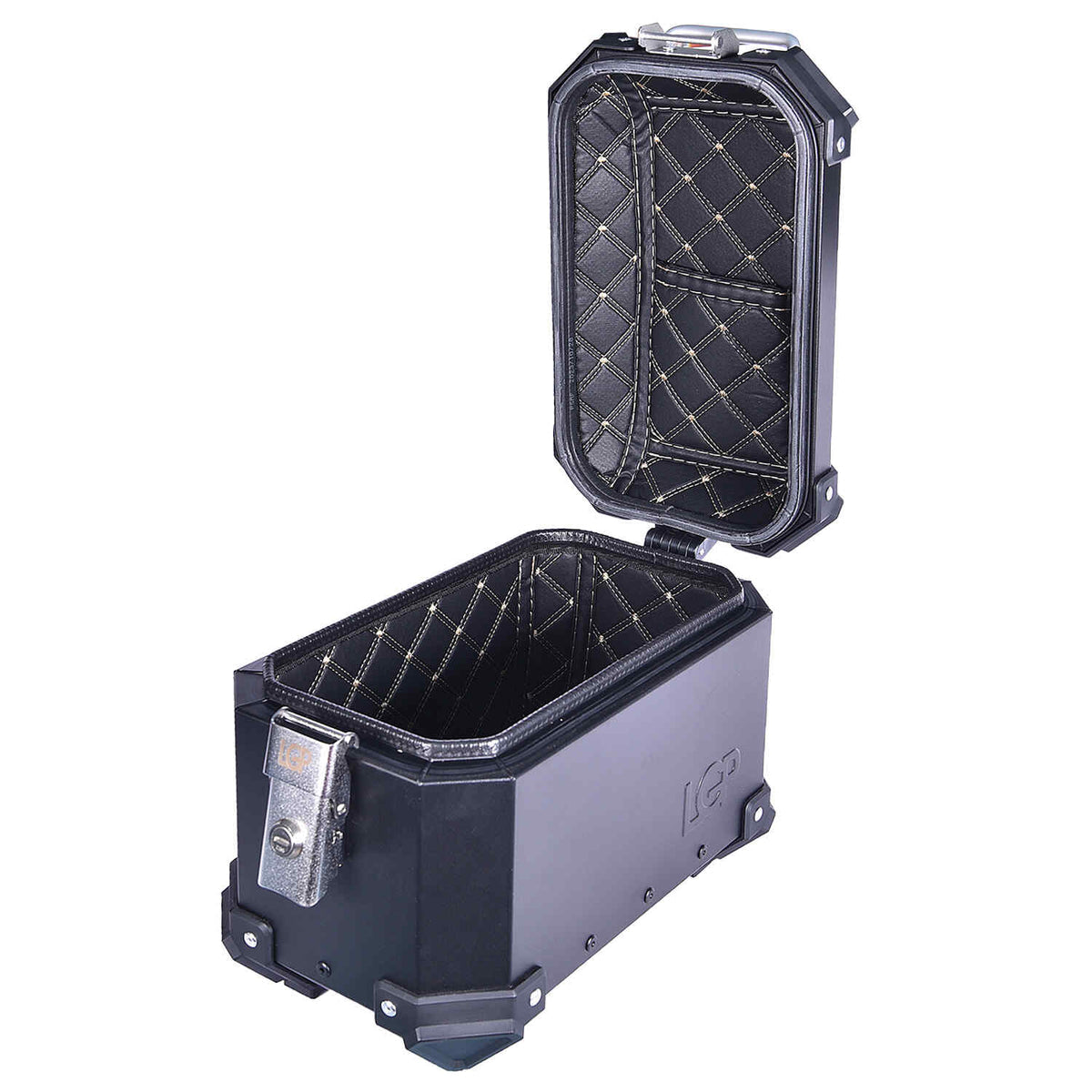 LGP aluminium motorcycle pannier set black plane with 16L side boxes and 18L top box