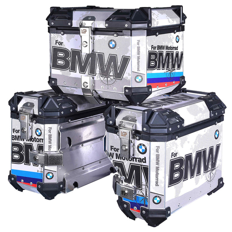LGP BMW adventure pannier set with 45L top box and 38L side boxes mounted on touring motorcycle