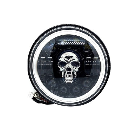 LIU HJG 7 Inch Harley Skull Round Led Headlight Fits in Royal Enfield All Models, Mahindra Thar (12V-80V 75w)