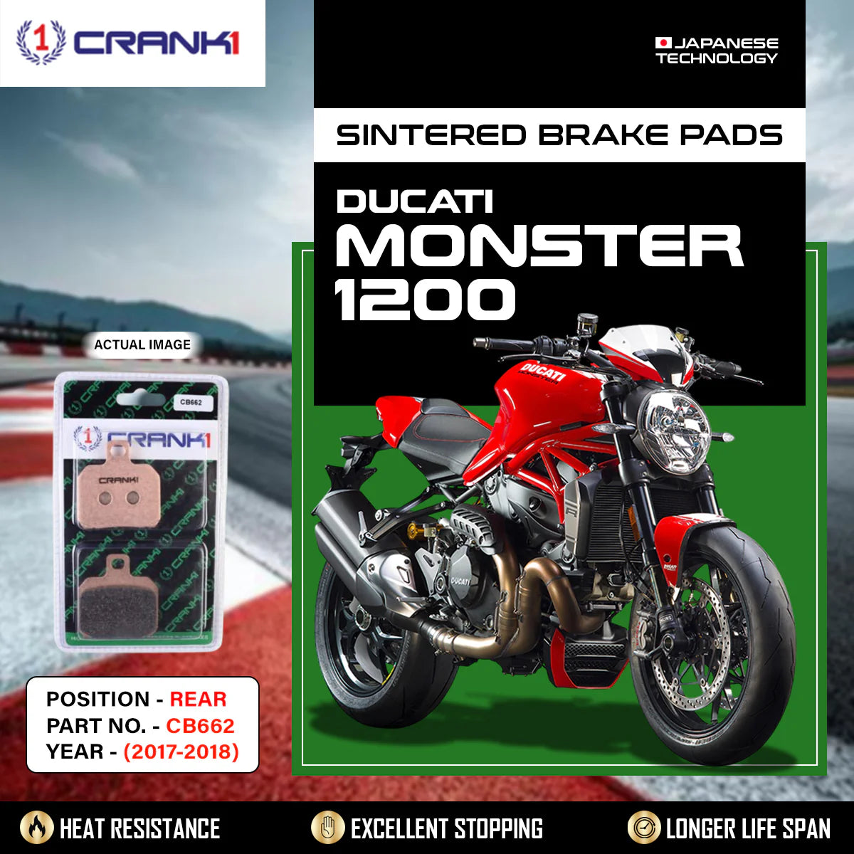 CRANK1 CB662 Rear Sintered Brake Pads for Ducati Monster 1200 2017-2018 high performance motorcycle brake pads