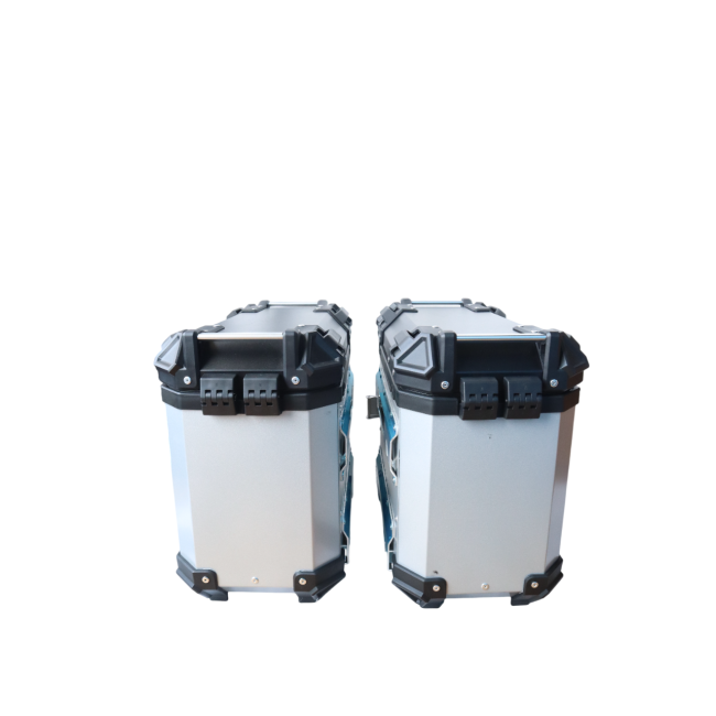 MOTOCARE ALUMINIUM MX 36 LITRE SILVER PANNIERS WITH SADDLE CLAMP