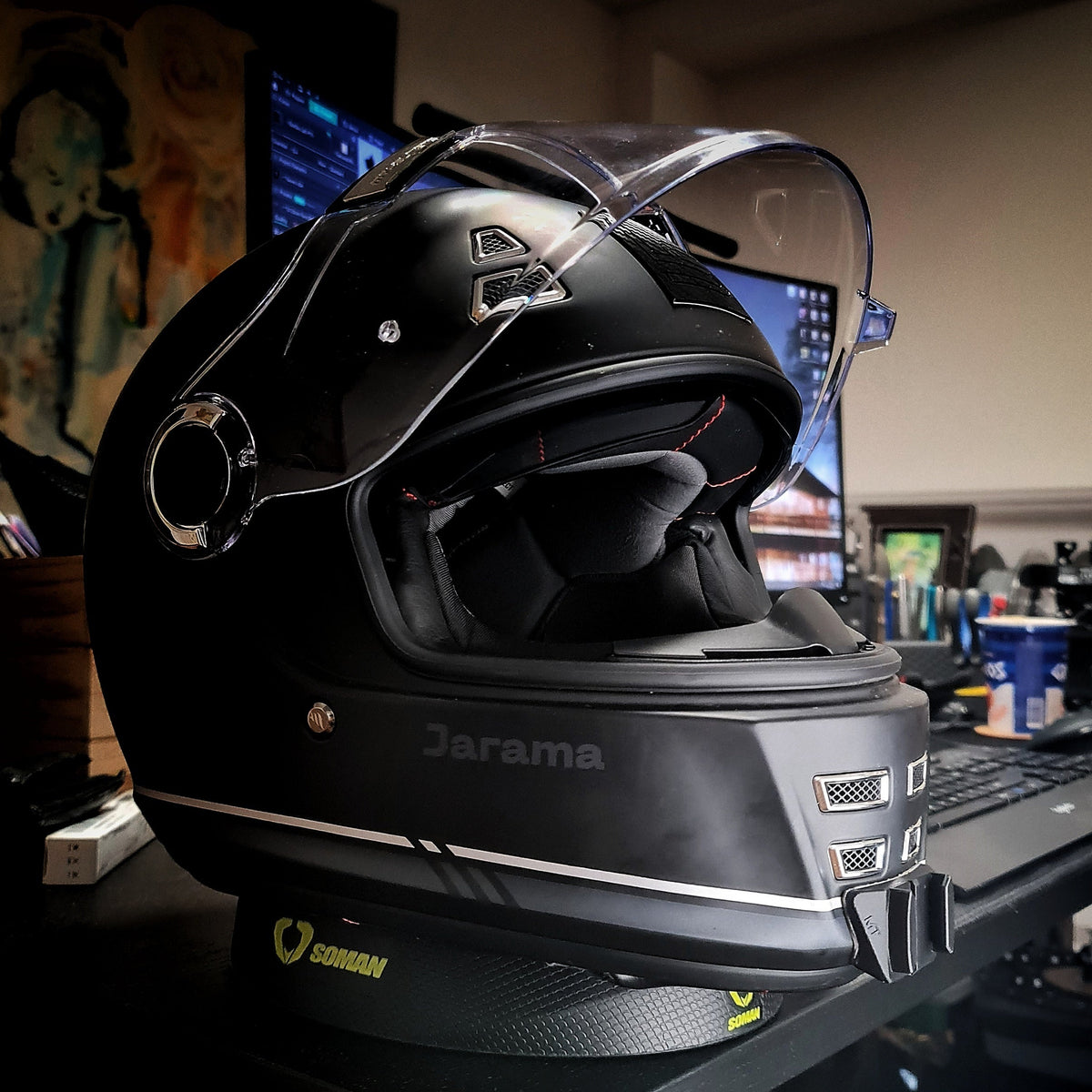 MT Jarama chin mount attached to motorcycle helmet for GoPro recording