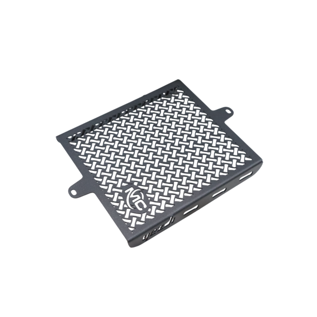 MotoCare radiator guard installed on Yezdi Adventure 2024 motorcycle protecting engine radiator from stones and debris during off-road riding