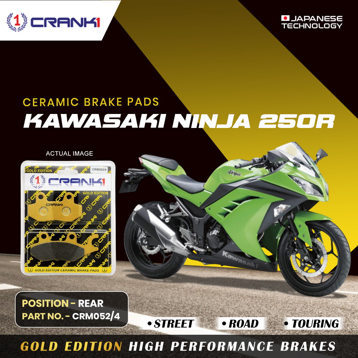 CRANK1 Ceramic Rear Brake Pads CRM052/4 for Kawasaki Ninja 250R HH Rated Disc Brake Pads