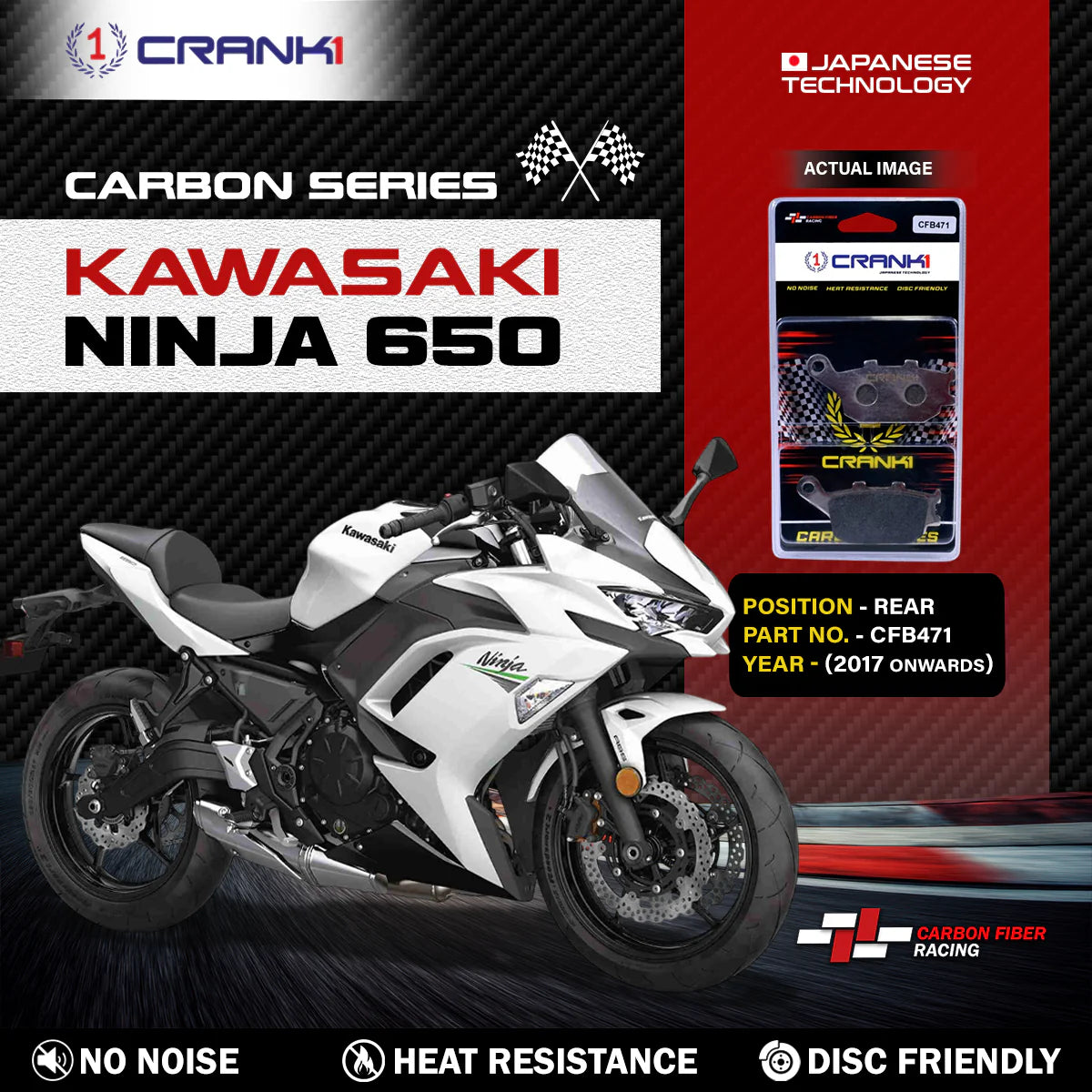 CRANK1 CFB471 Carbon Rear Brake Pads for Kawasaki Ninja 650 2017+
