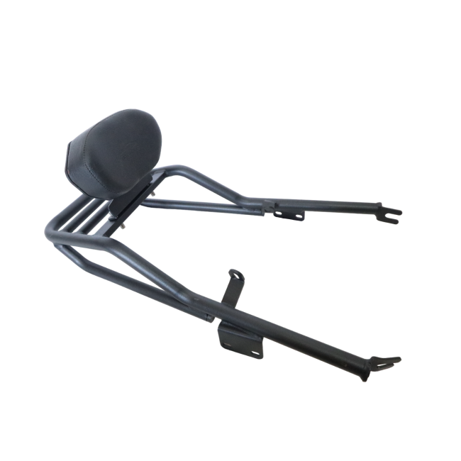 MotoCare pipe carrier with backrest installed on Yezdi Roadster 2024 showing luggage rack and comfortable pillion support system