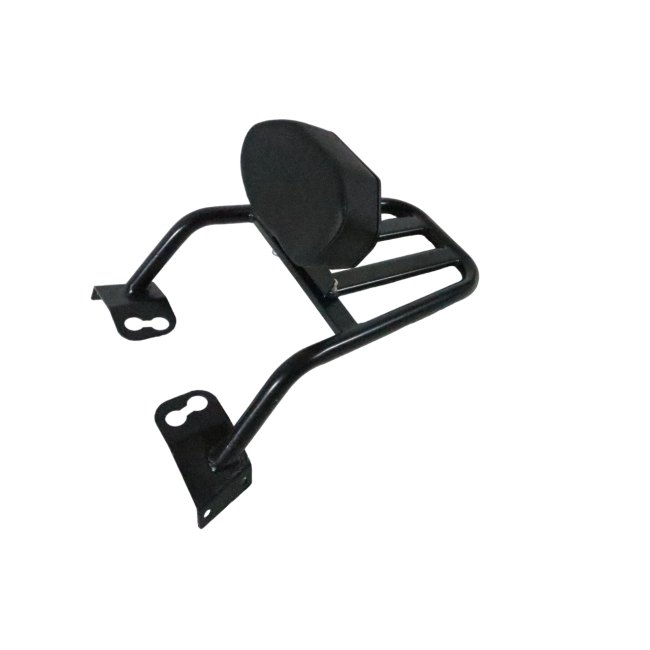 Motocare Dominar 400 pipe carrier with plate and backrest installed on Bajaj Dominar 400 motorcycle for touring luggage support and pillion comfort