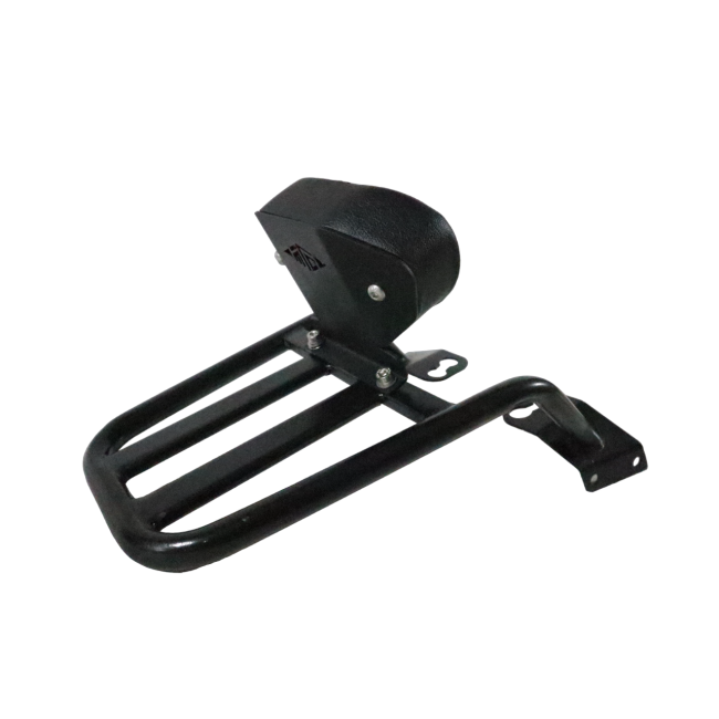 Motocare Dominar 400 pipe carrier with plate and backrest installed on Bajaj Dominar 400 motorcycle for touring luggage support and pillion comfort