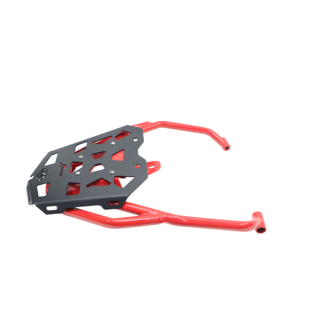 MotoCare red and black pipe carrier installed on Hero XPulse 210 for luggage support and touring use