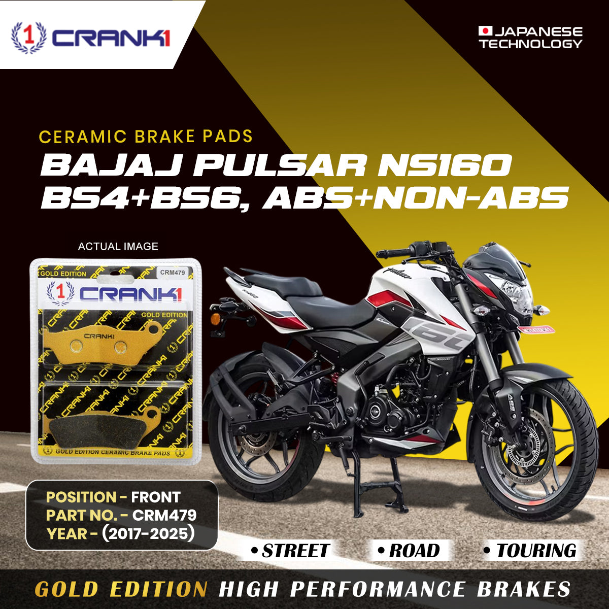 CRANK1 Ceramic Front Brake Pads CRM479 for Bajaj Pulsar NS160 BS4 BS6 ABS Non ABS HH Rated Brake Pads