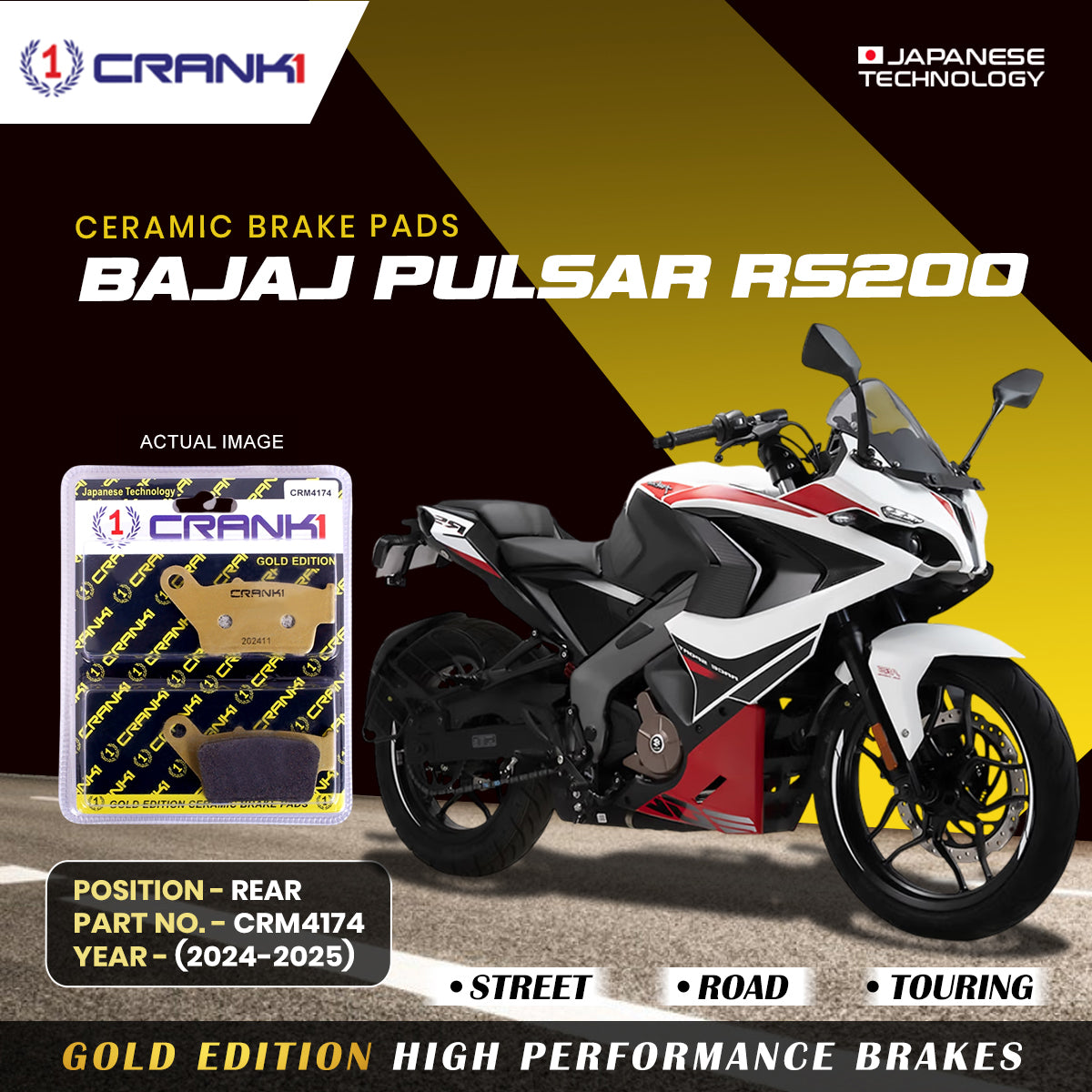 CRANK1 Ceramic Rear Brake Pads CRM4174 for Bajaj Pulsar RS200 2024-2025 HH Rated Motorcycle Brake Pads