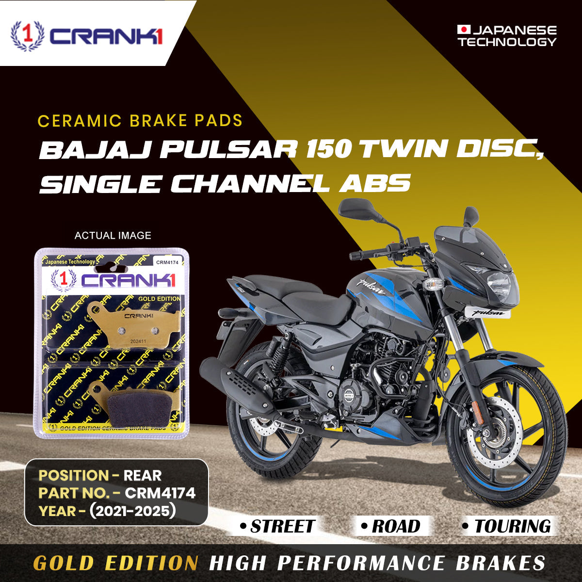 CRANK1 Ceramic Rear Brake Pads CRM4174 for Bajaj Pulsar 150 Twin Disc Single Channel ABS 2021-2025 HH Rated Motorcycle Brake Pads