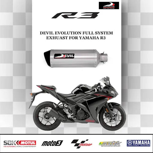 Yamaha R3 Devil Evolution exhaust system installed