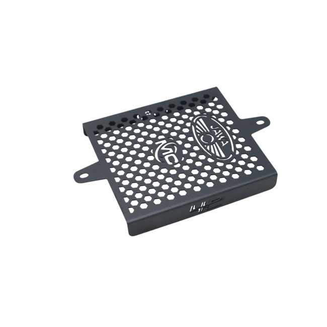 MotoCare radiator guard installed on Jawa 42 FJ motorcycle protecting engine radiator from debris and stones