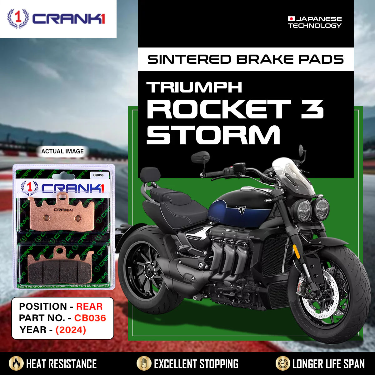 CRANK1 CB036 Sintered Rear Brake Pads for Triumph Rocket 3 Storm 2024 LEGUNDARY Custom