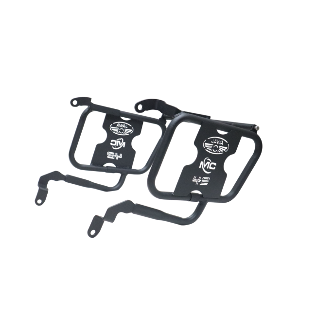 MotoCare saddle stay installed on Jawa 42 FJ motorcycle supporting saddlebags for touring and stability