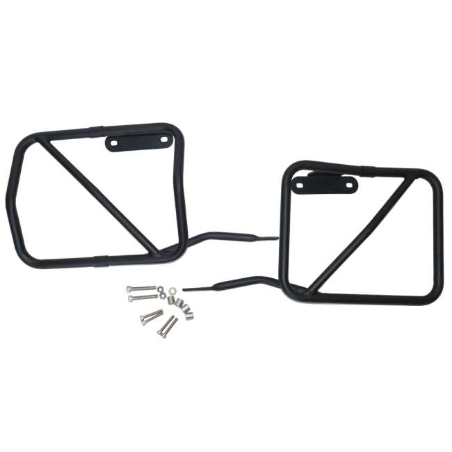 MotoCare plate-free saddle stay installed on Hero Xpulse motorcycle supporting saddlebags for touring and off-road use
