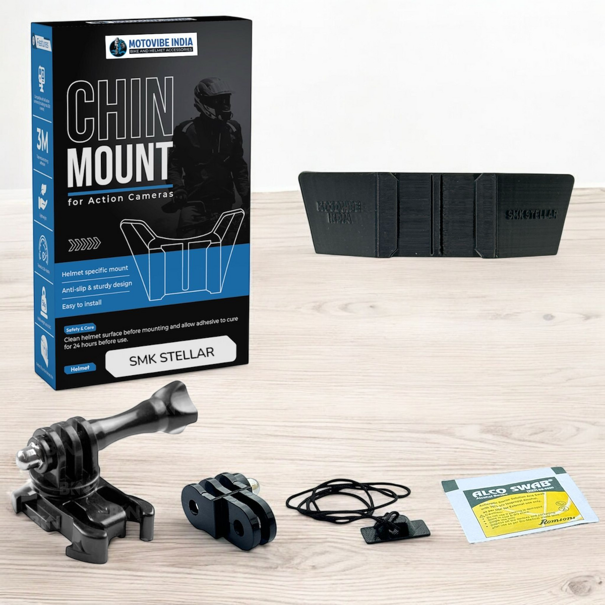 SMK Stellar helmet chin mount V1 and V2 installed for GoPro Insta360 DJI POV motovlogging action camera setup on motorcycle helmet