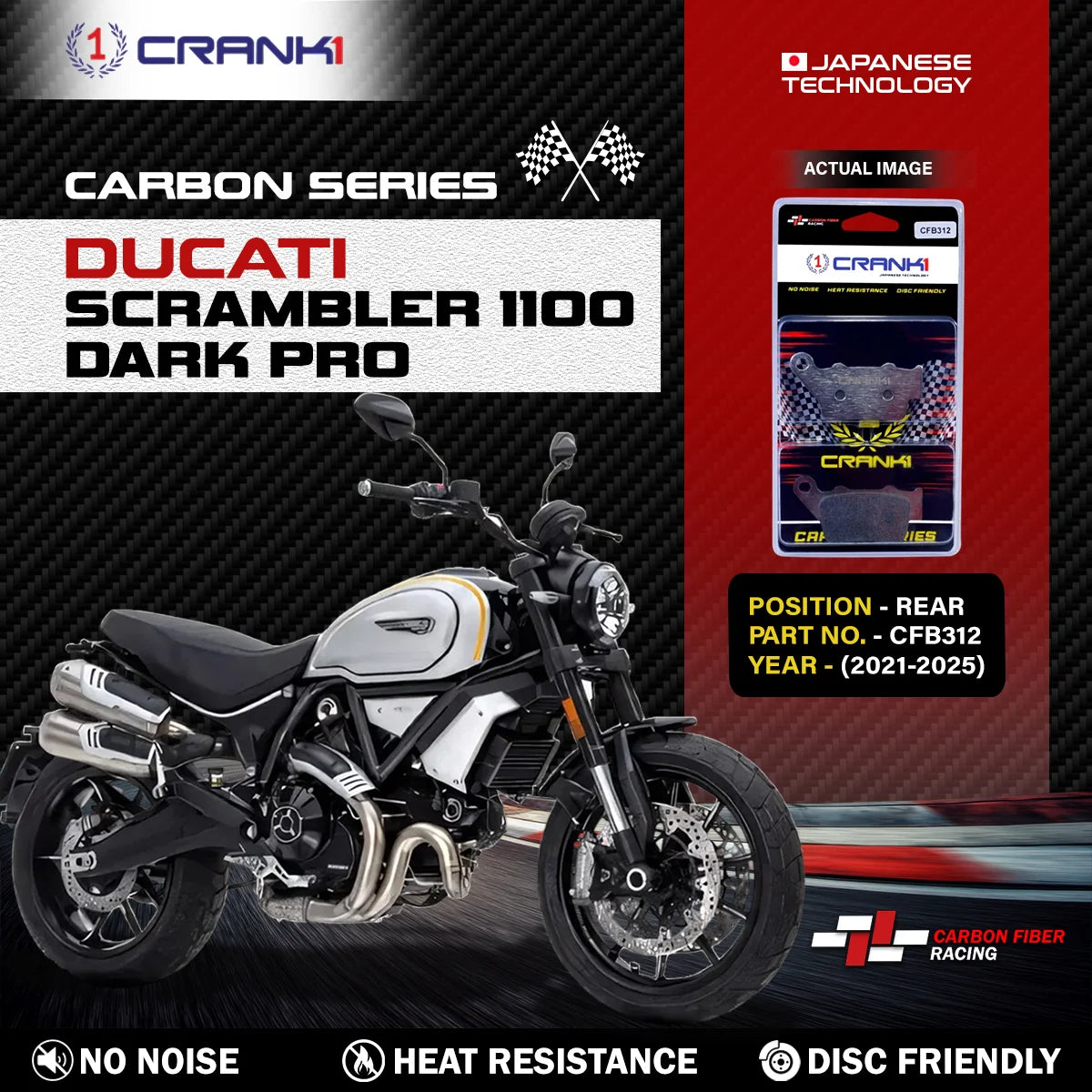 CRANK1 Carbon Rear Brake Pads CFB312 for Ducati Scrambler 1100 Dark Pro (2021-2025) High Performance Motorcycle Brake Pads