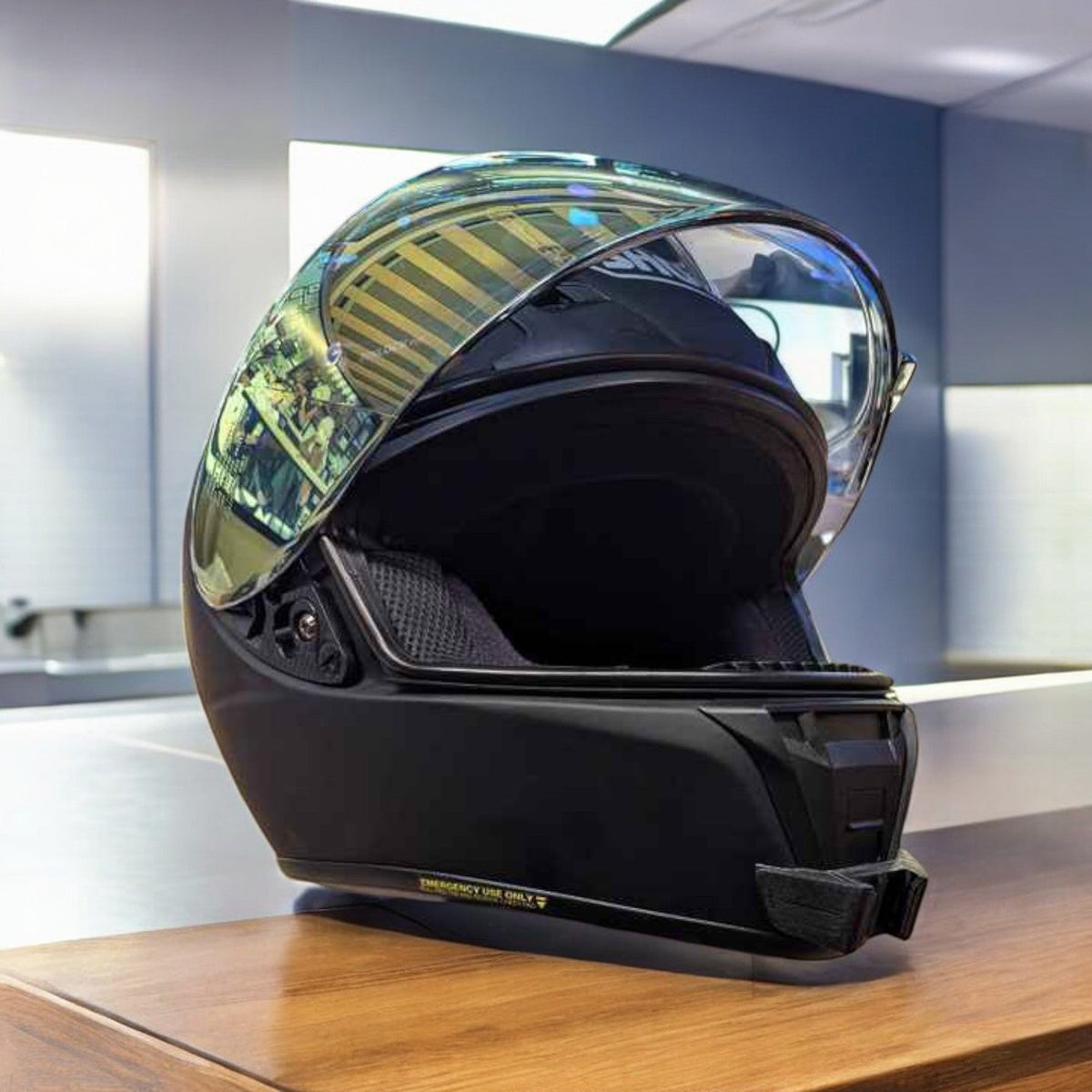 SHOEI RF-SR RYD helmet chin mount installed for GoPro and Insta360 POV motovlogging camera setup on motorcycle helmet