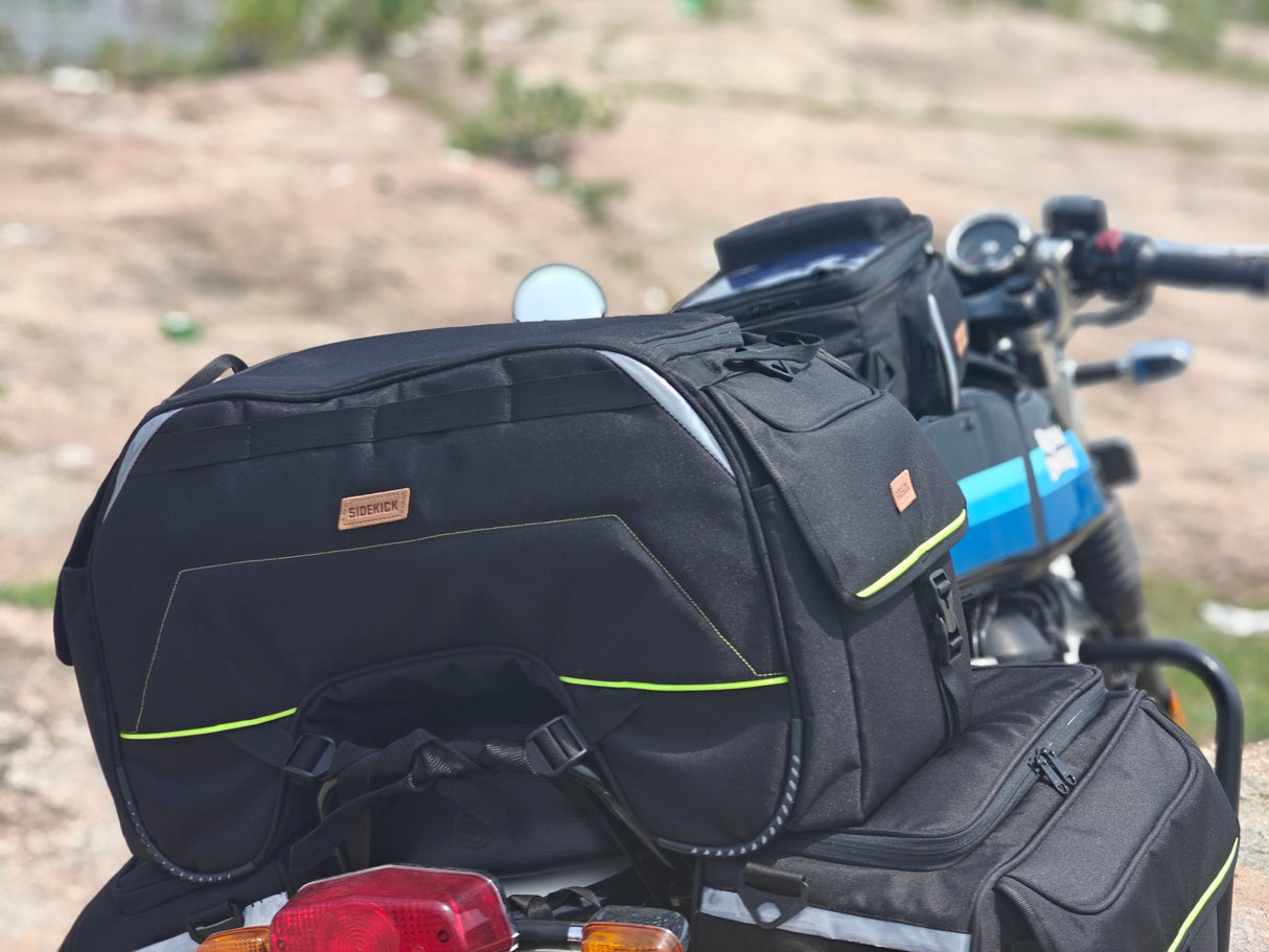 Guardian Gears SideKick 45L Universal Motorcycle Tail Bag with waterproof rain cover mounted on motorcycle for touring and travel