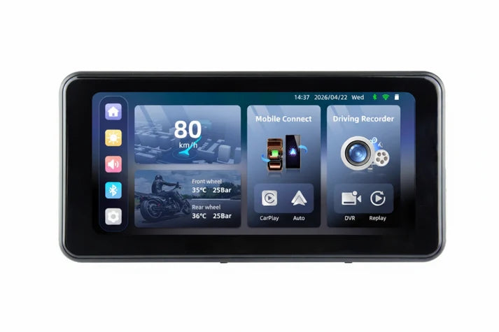 SIMTAC M10-PRO 6.0 inch IPS motorcycle DVR navigation screen with wireless Apple CarPlay Android Auto dual cameras AI blind spot detection and TPMS