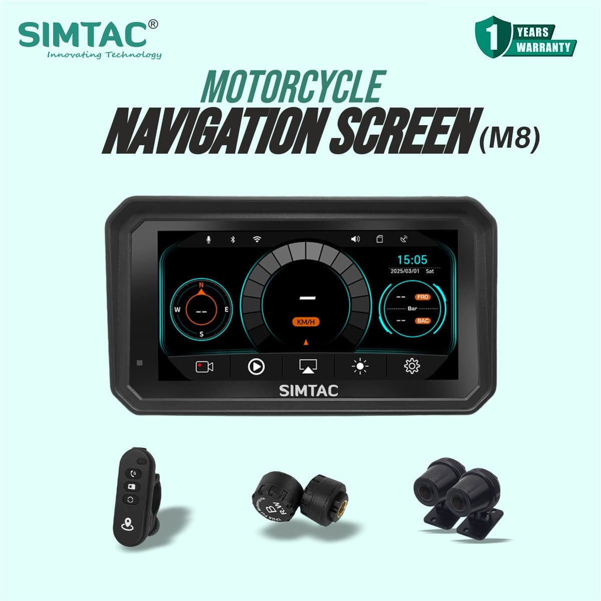 SIMTAC M8DT motorcycle GPS navigation system with CarPlay touchscreen