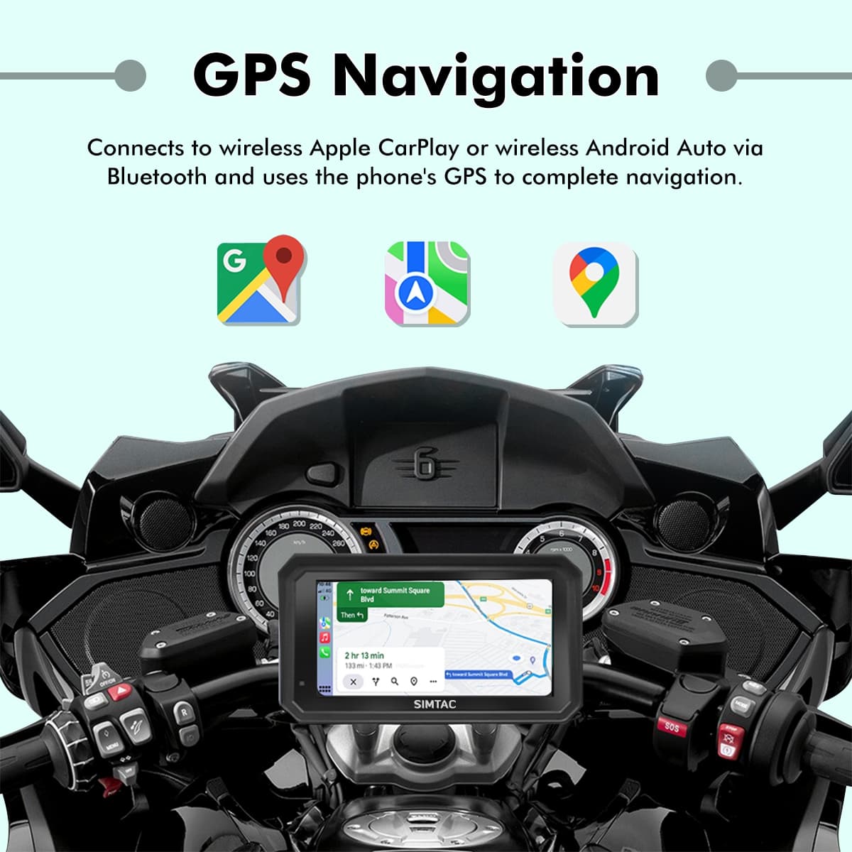 SIMTAC M8DT motorcycle GPS navigation system with CarPlay touchscreen