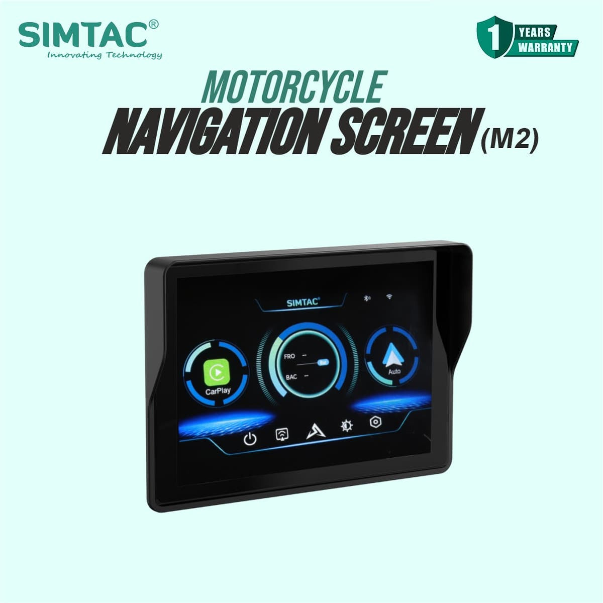 SIMTAC M2 Motorcycle GPS Navigation Display with Wireless Apple CarPlay Android Auto Bluetooth and IP67 Waterproof Touchscreen