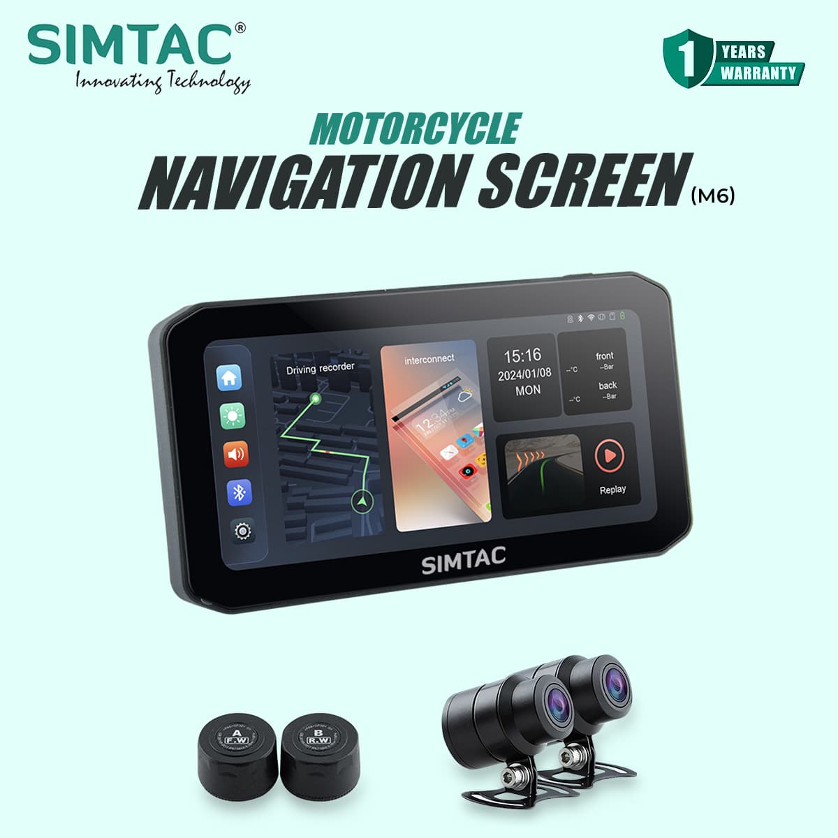 SIMTAC M6DT Motorcycle GPS Navigation System with CarPlay Android Auto Dual Dash Cam TPMS and Smart 5 Inch Display