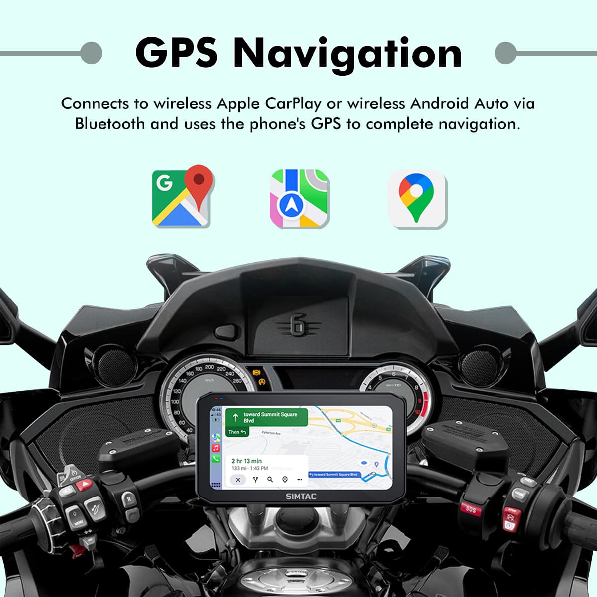 SIMTAC M6DT Motorcycle GPS Navigation System with CarPlay Android Auto Dual Dash Cam TPMS and Smart 5 Inch Display