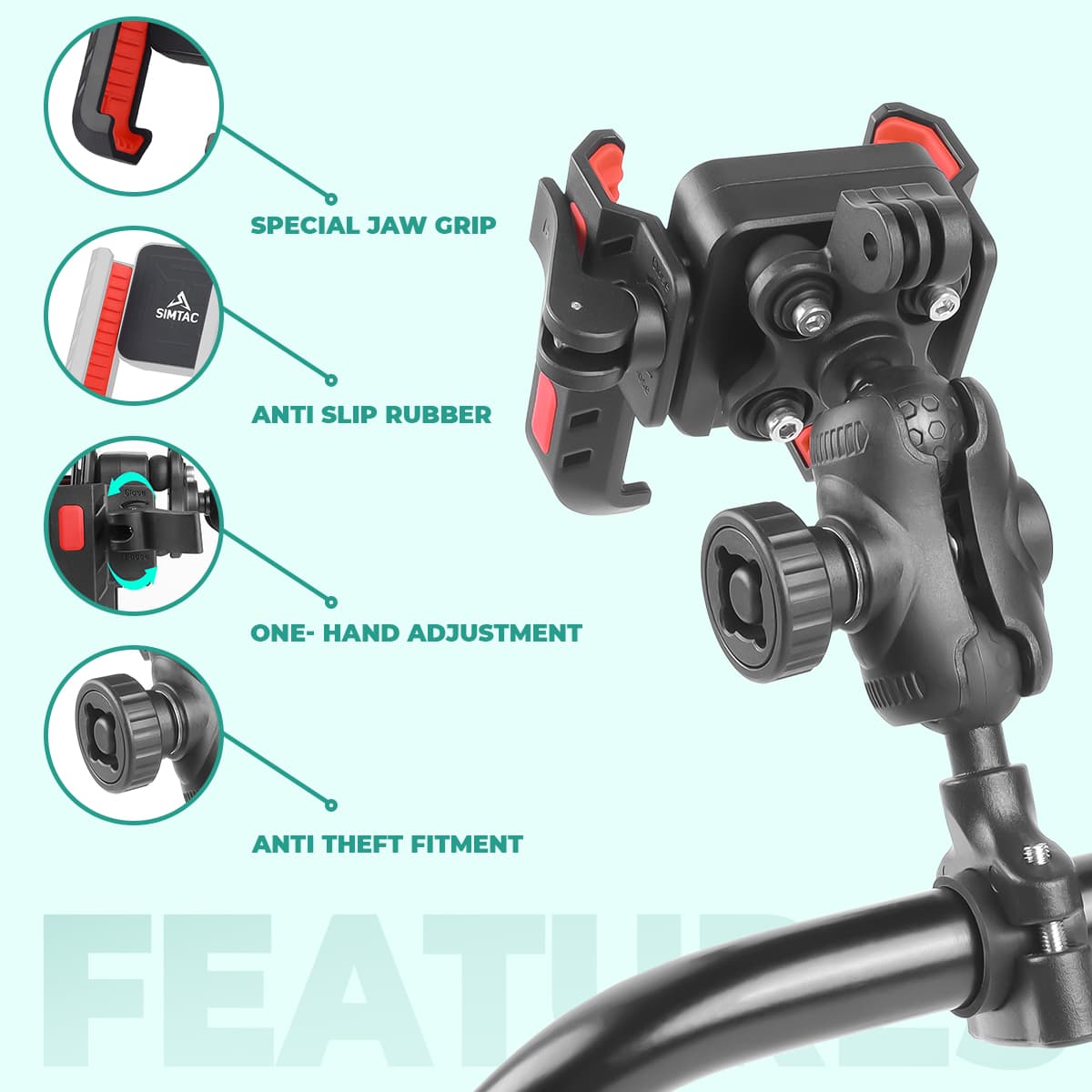 Simtac Quick Lock Jaw Grip Pro Plus Bike Mobile Holder with Vibration Damper for Motorcycle Scooter Bicycle