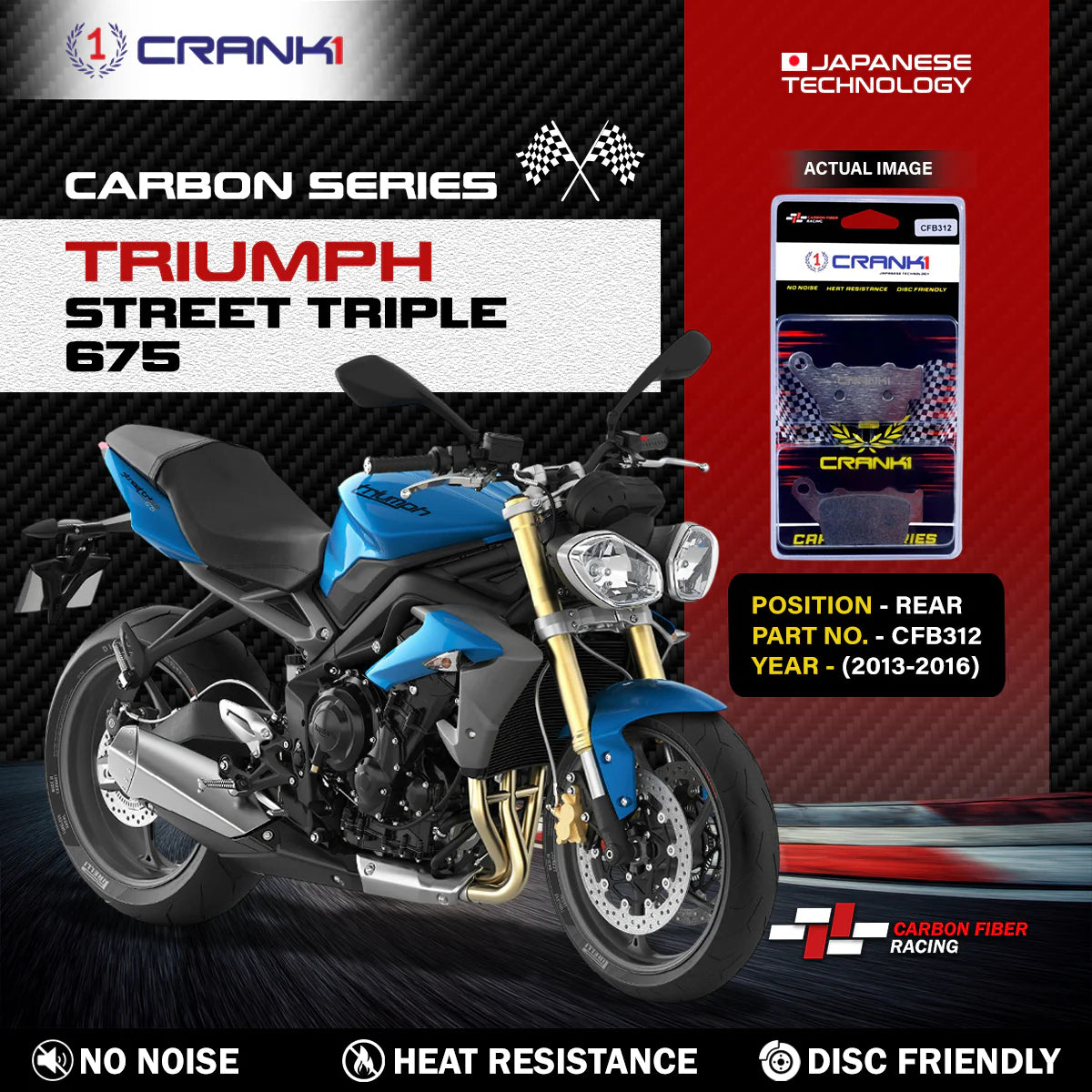 CRANK1 Carbon Brake Pads Rear for Triumph Street Triple 675 2013-2016 CFB312